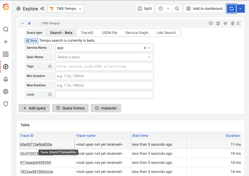 Trace views in Grafana Explore after running service name query Trace views in Grafana Explore after running service name query